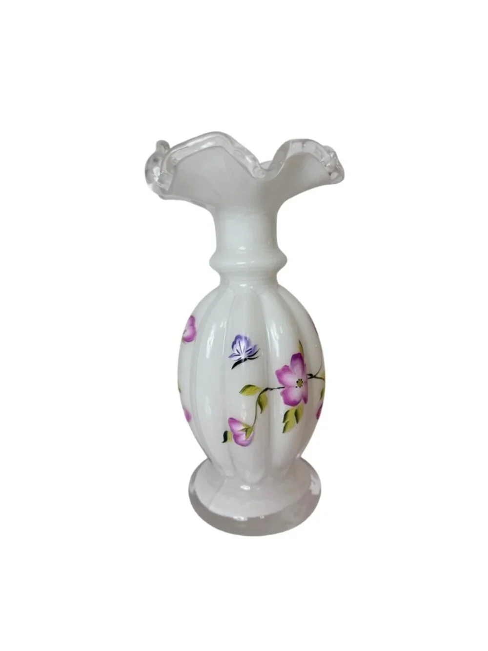 Romantic White Glass Bud Vase Hand Painted VTG Purple Floral Ruffle Rim 8.5” - Picture 5 of 16
